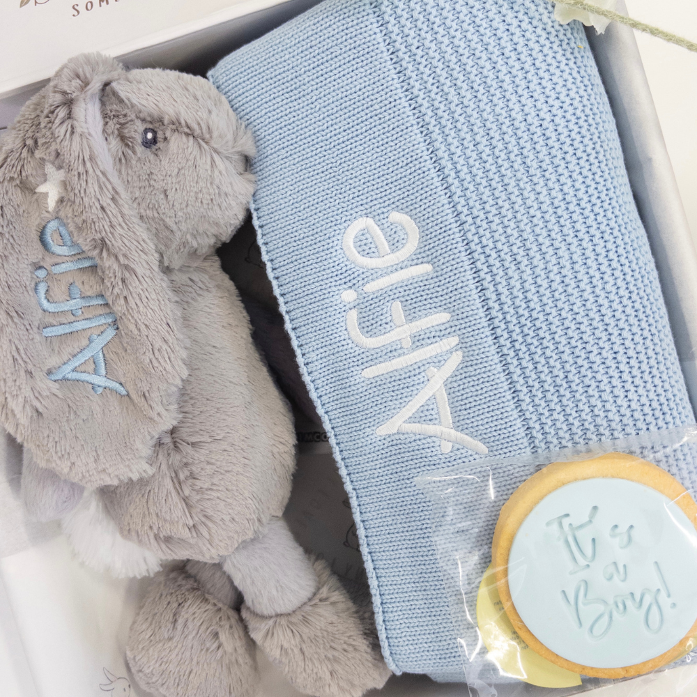SAME-DAY Small Grey Frankie Bunny & Blue Blanket Hamper
