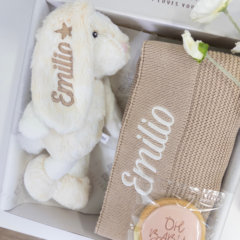 Personalised Newborn Gift Hamper - Small Cream Frankie Bunny & Beige Blanket