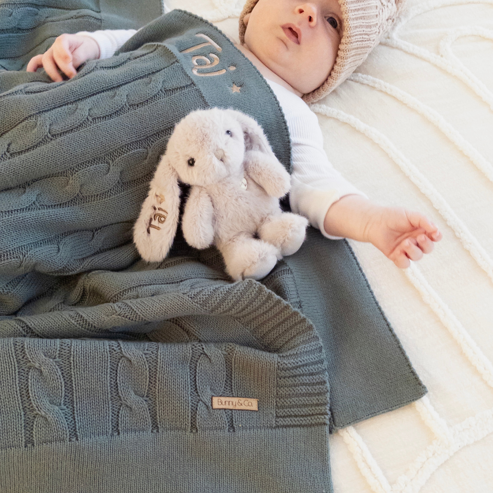Personalised Cable Knit Baby Blanket - Forest