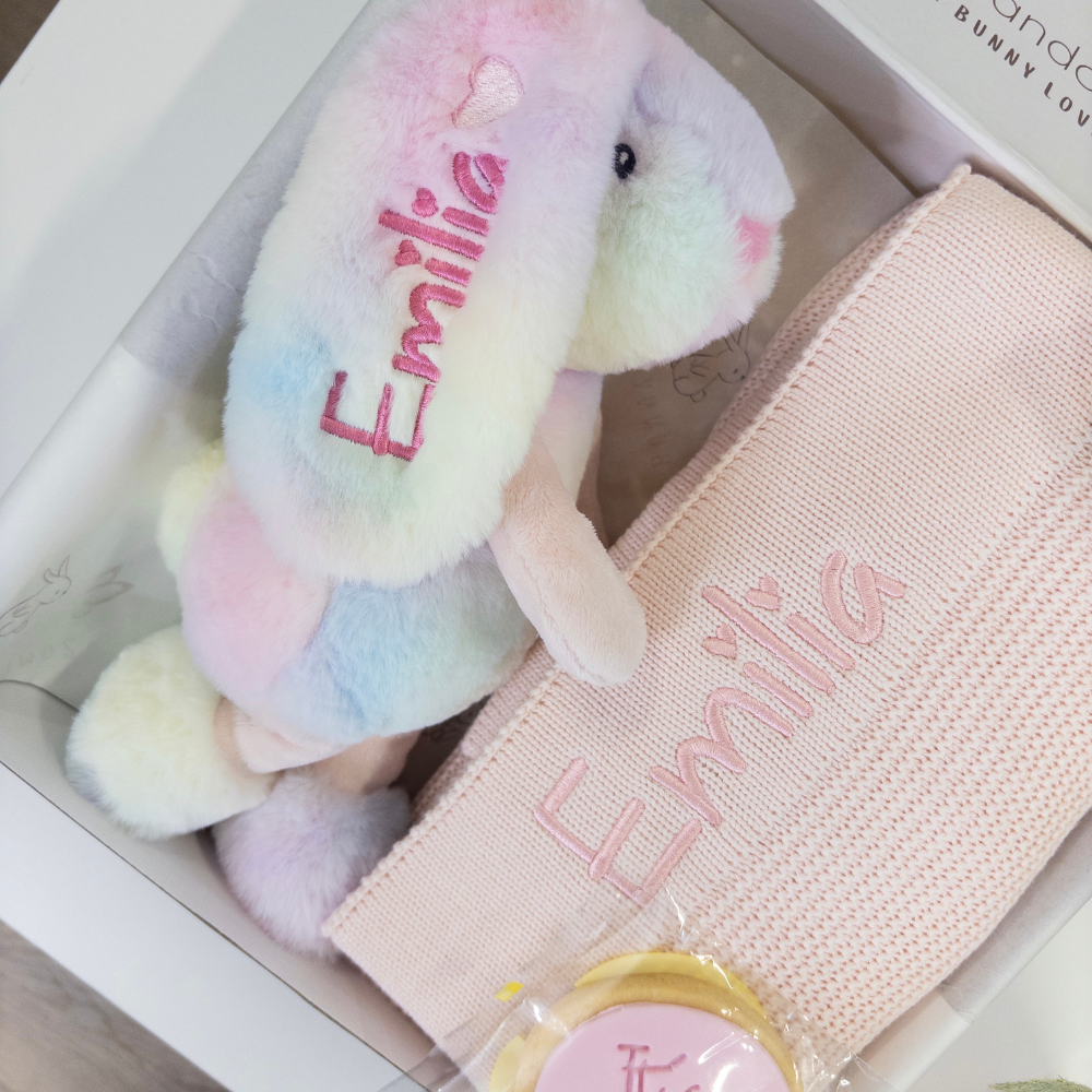 SAME-DAY Rainbow Frankie Bunny & Pink Blanket Hamper