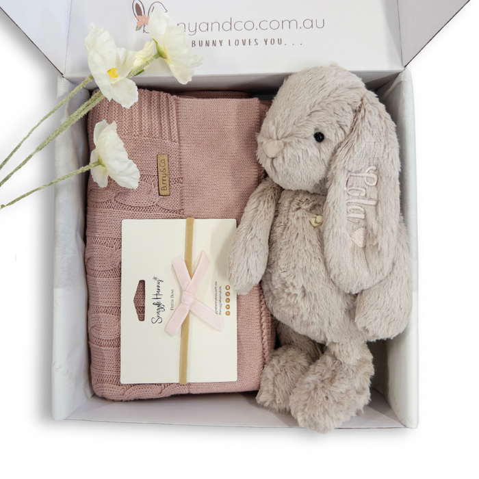 Personalised Beige Snuggle Bunny & Mauve Cable Knit Blanket Gift Set