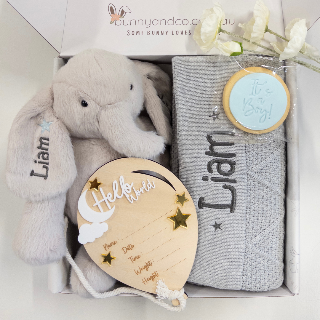 Personalised Grey Diamond Knit Blanket & Elephant Baby Hamper - Baby Boy