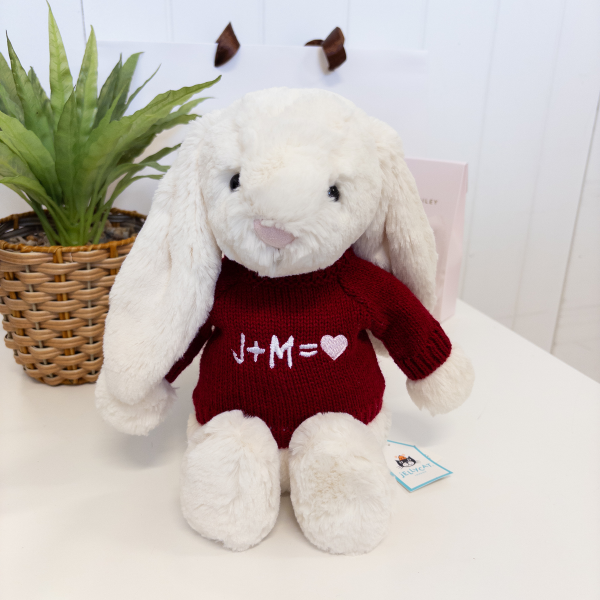 Valentines Day Gift - Medium Cream Jellycat Bunny & Red Custom Jumper