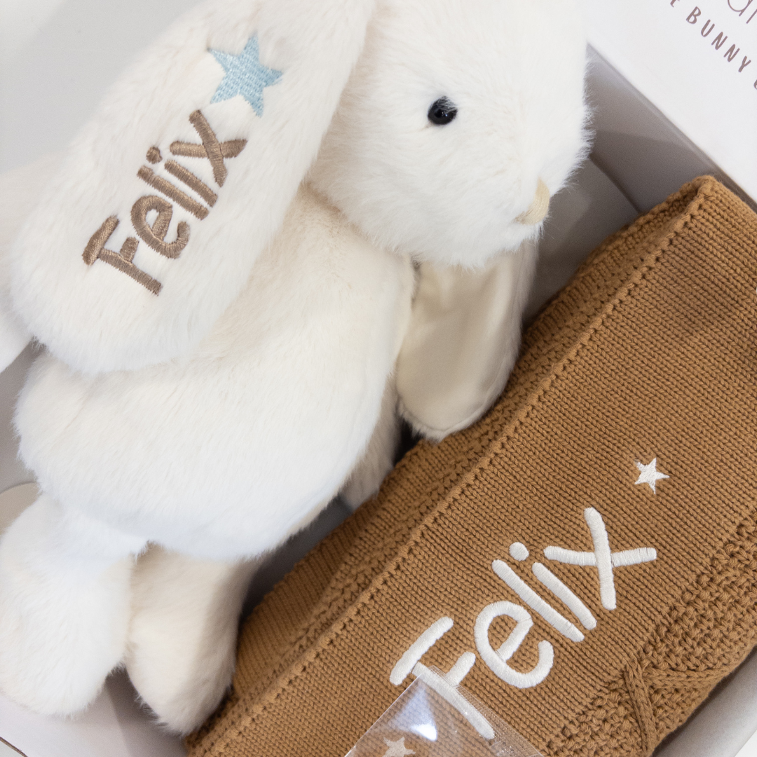 Personalised Diamond Knit Blanket & Bunny Hamper - Marshmallow Biscuit