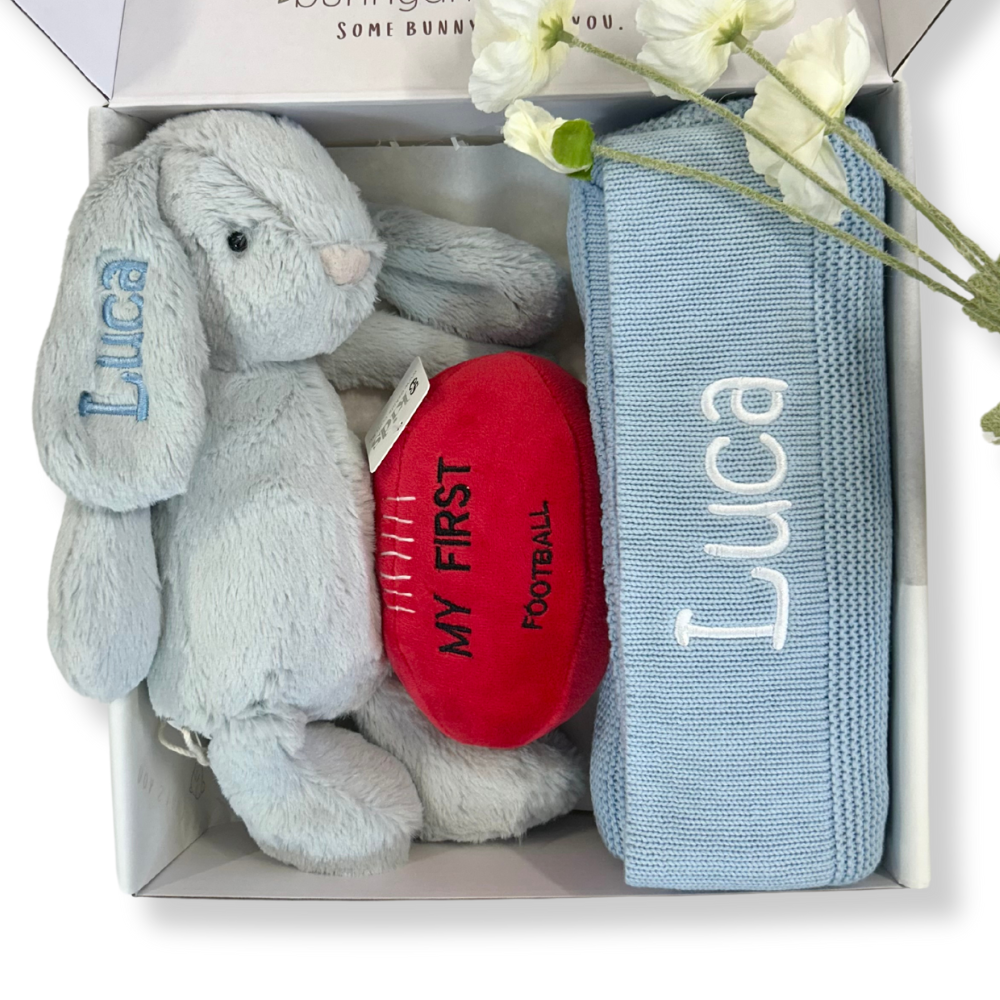 Personalised Jamie Kay Bunny, Blanket & First Football Gift Set