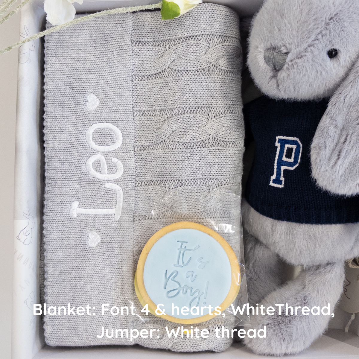 SAME-DAY Silver Bunny & Grey Cable Knit Blanket Baby Hamper