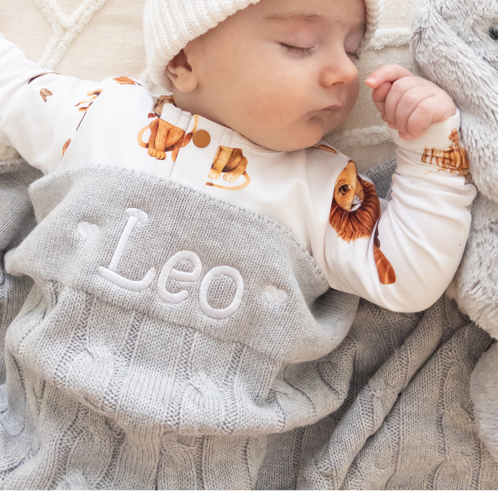 SAME-DAY Silver Bunny & Grey Cable Knit Blanket Baby Hamper