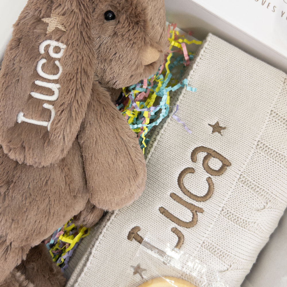 Personalised Spice Bunny & Stone Cable Knit Blanket Gift Hamper
