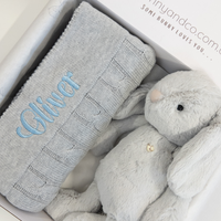 Personalised Moonbeam Snuggle Bunny & Grey Cable Knit Blanket