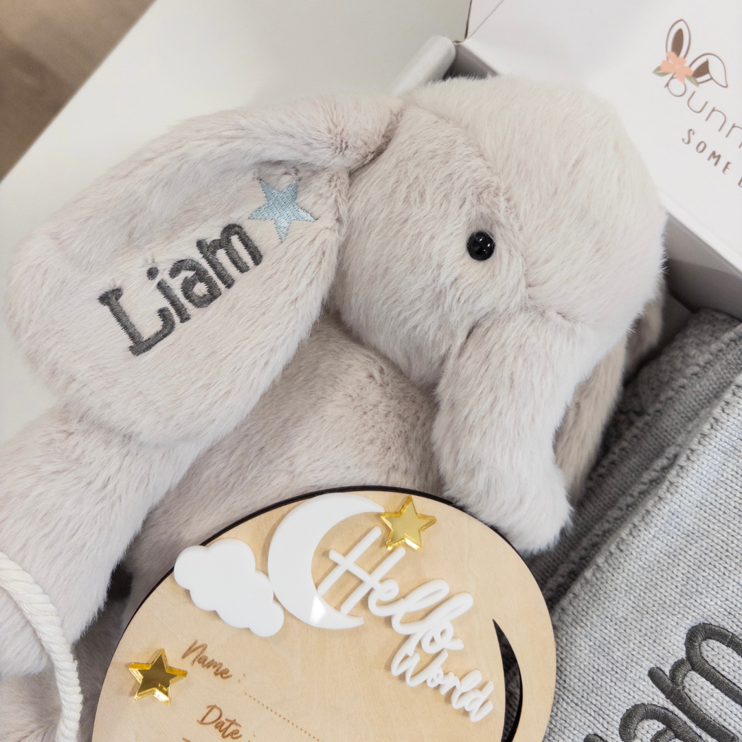 Personalised Grey Diamond Knit Blanket & Elephant Baby Hamper - Baby Boy