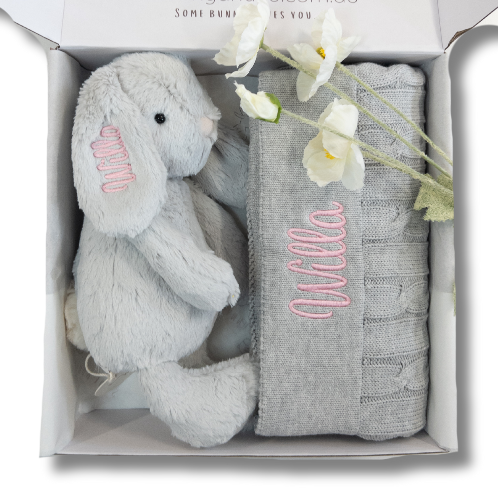 Personalised Moonbeam Snuggle Bunny & Grey Cable Knit Blanket