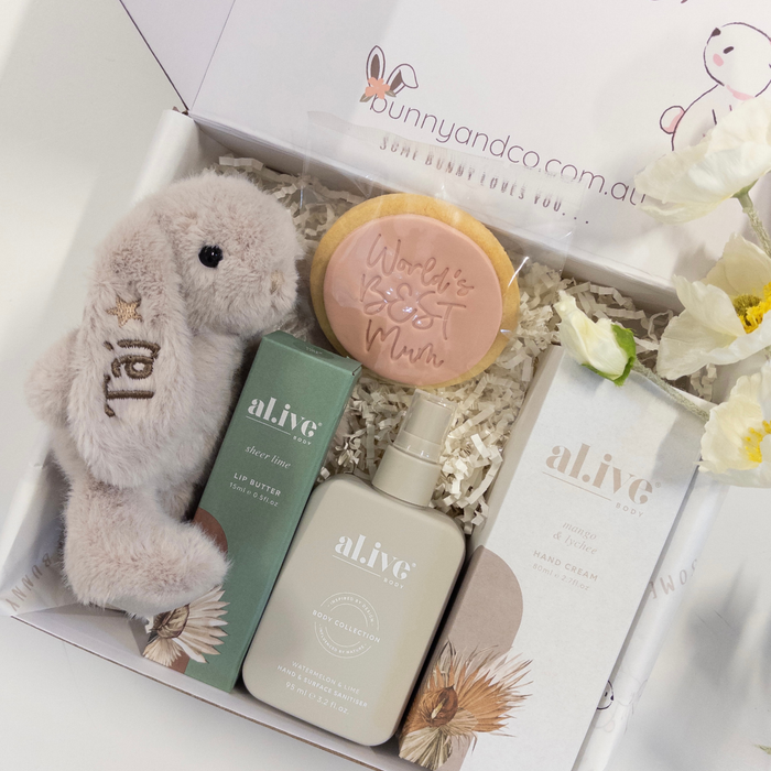 Personalised Mum & Bub Gift Hamper - Beige Snuggle Bunny