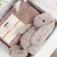 Personalised Beige Snuggle Bunny & Mauve Cable Knit Blanket Gift Set