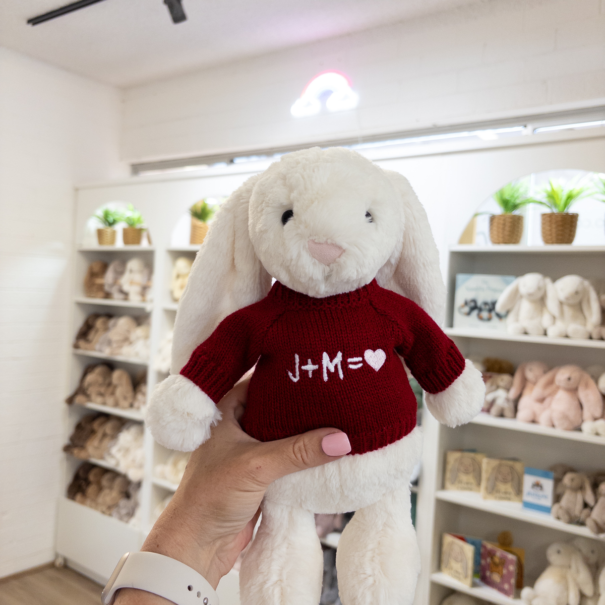 Valentines Day Gift - Medium Cream Jellycat Bunny & Red Custom Jumper