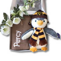 Personalised Newborn AFL Gift Set | Beige Blanket & Hawthorn Penguin