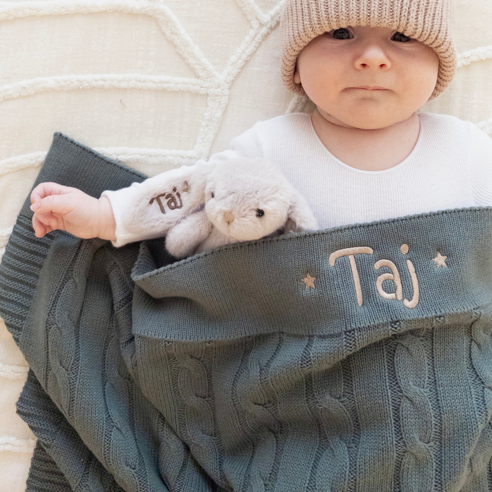Personalised Cable Knit Baby Blanket - Forest