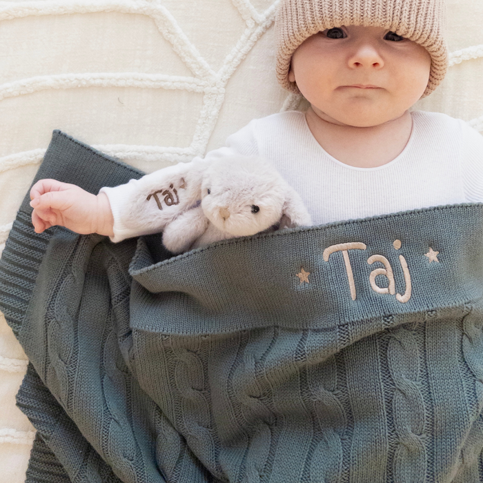 Personalised Cable Knit Baby Blanket - Forest