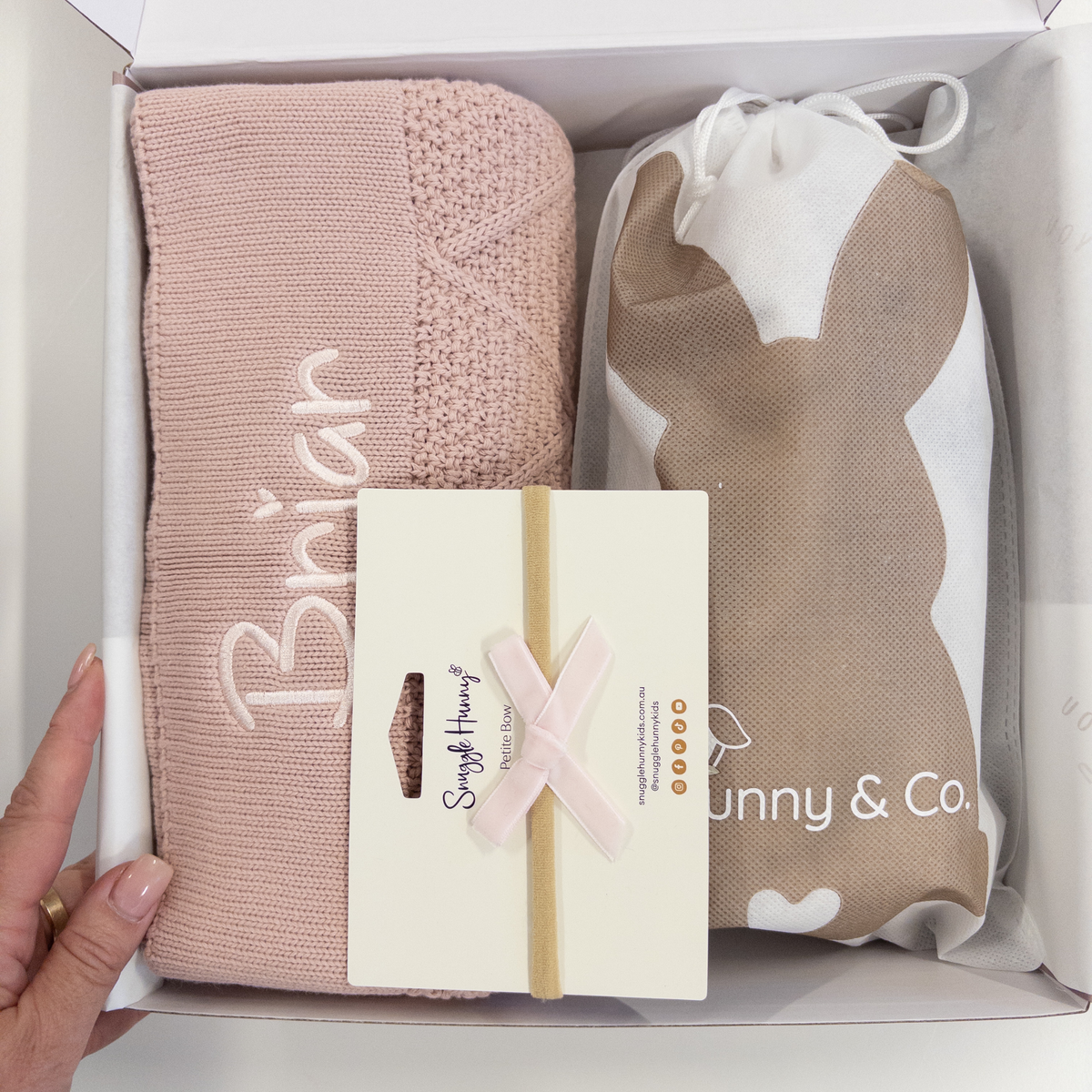 Personalised Beige Bunny & Rosewater Diamond Knit Blanket Baby Hamper