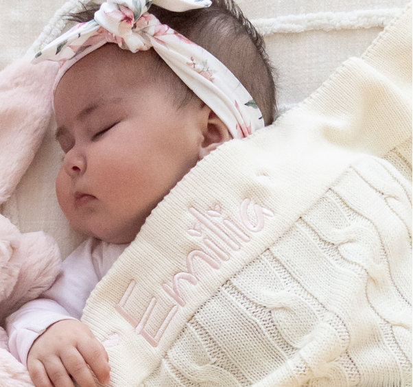 Personalised Caramel Bunny & Cream Cable Knit Blanket Baby Hamper