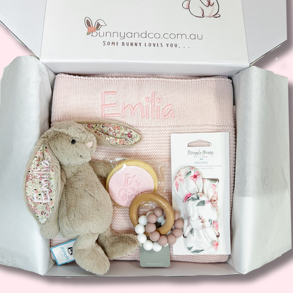 Personalised Beige Blossom Jellycat Bunny & Pink Blanket Gift Hamper