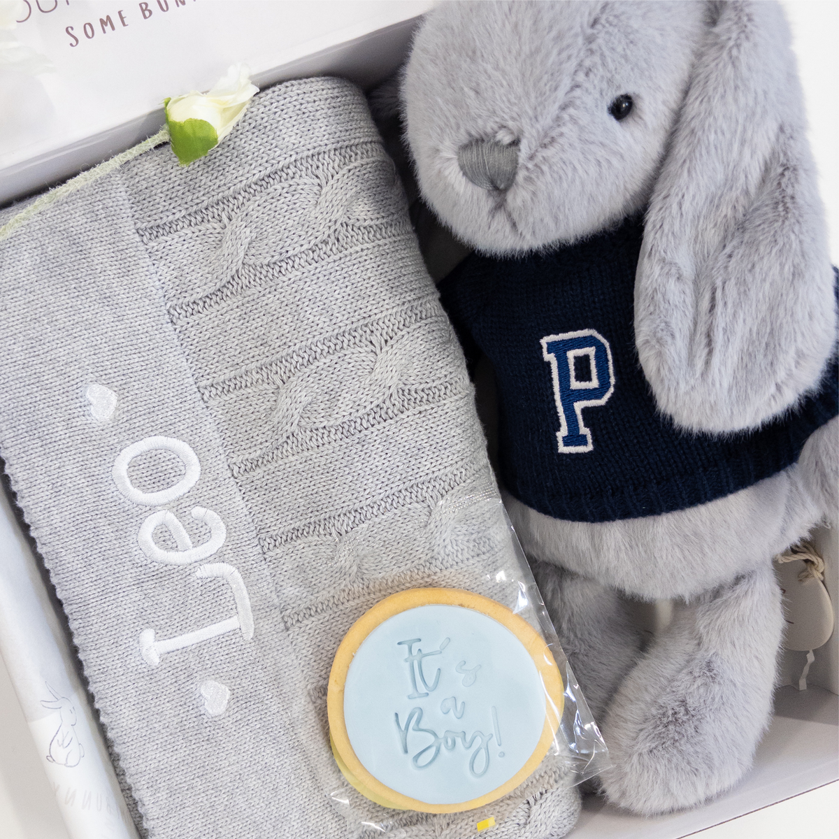 SAME-DAY Silver Bunny & Grey Cable Knit Blanket Baby Hamper