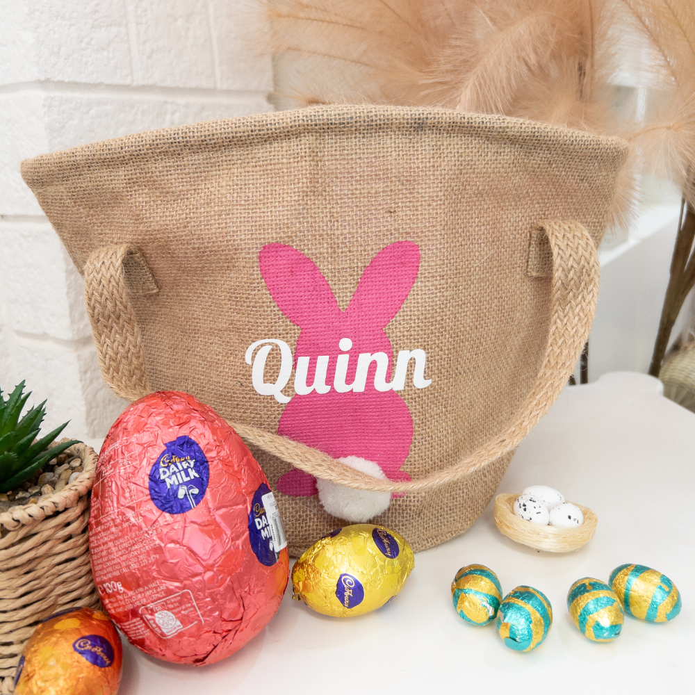 Personalised Easter Basket - Jute with Pink Bunny