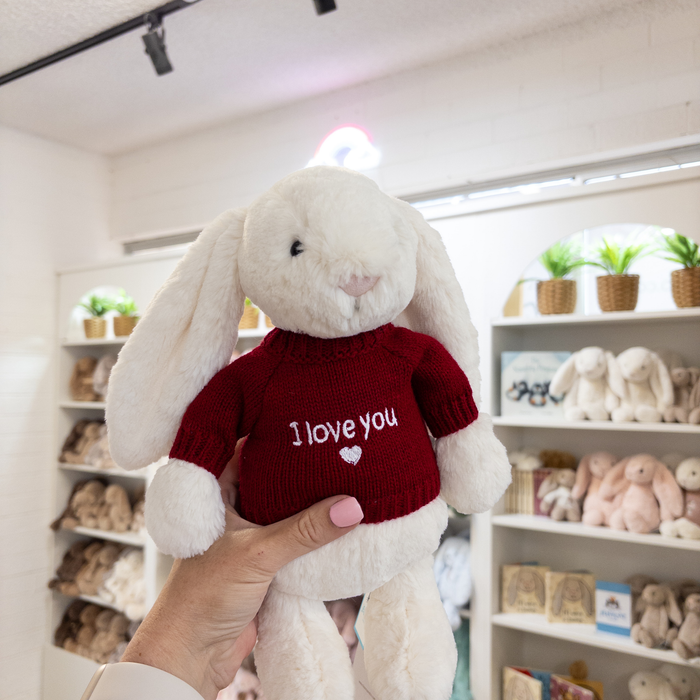 Valentines Day Gift - Medium Cream Jellycat Bunny & Red I Love You Jumper