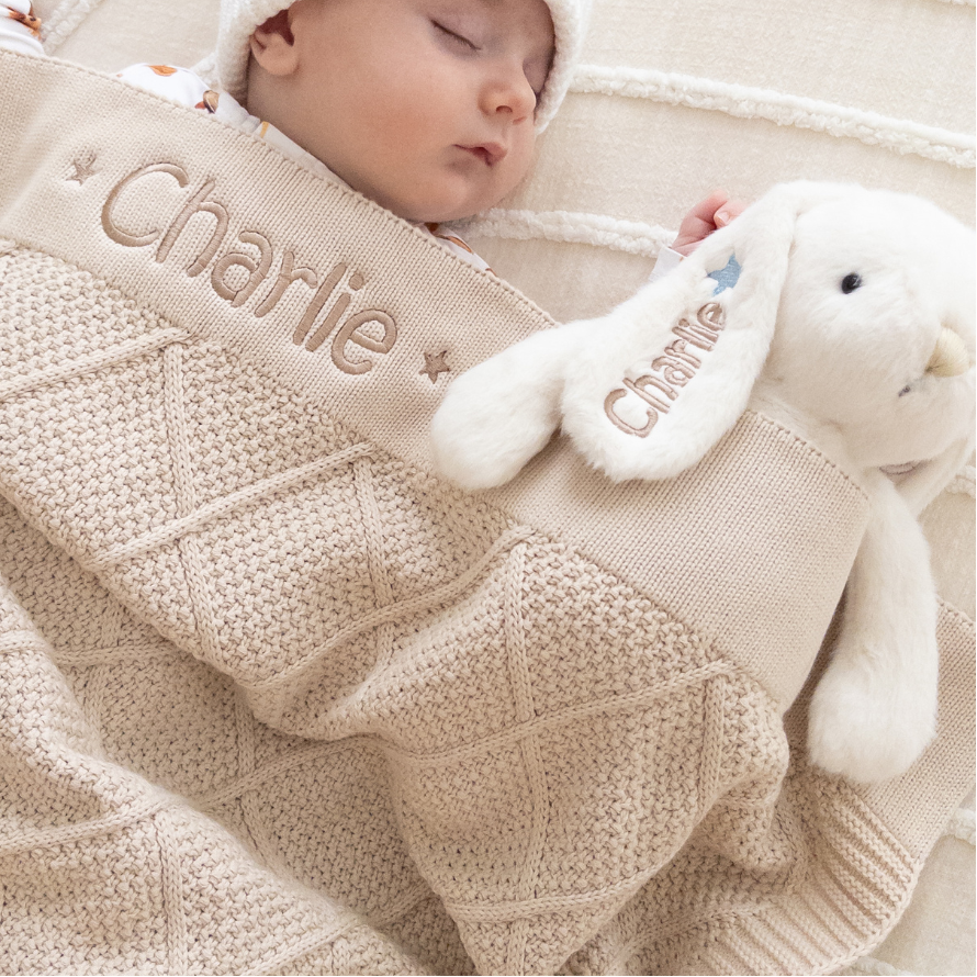 Personalised Marshmallow Bunny & Oatmeal Diamond Knit Blanket Baby Hamper