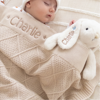 Personalised Marshmallow Bunny & Oatmeal Diamond Knit Blanket Baby Hamper