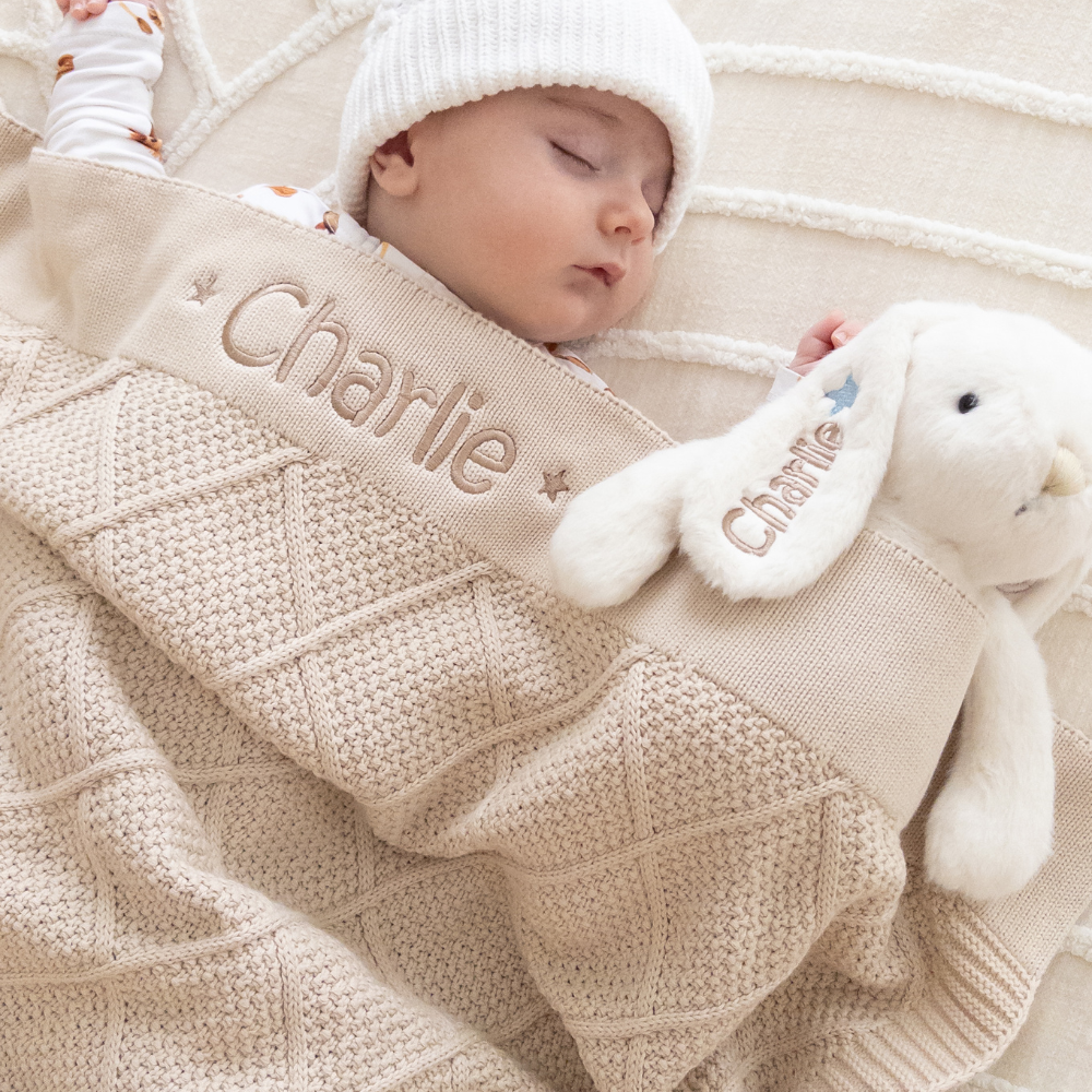 Personalised Diamond Knit Baby Blanket - Oatmeal