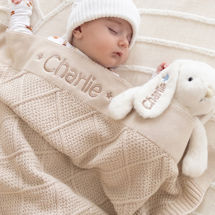 Personalised Diamond Knit Baby Blanket - Oatmeal