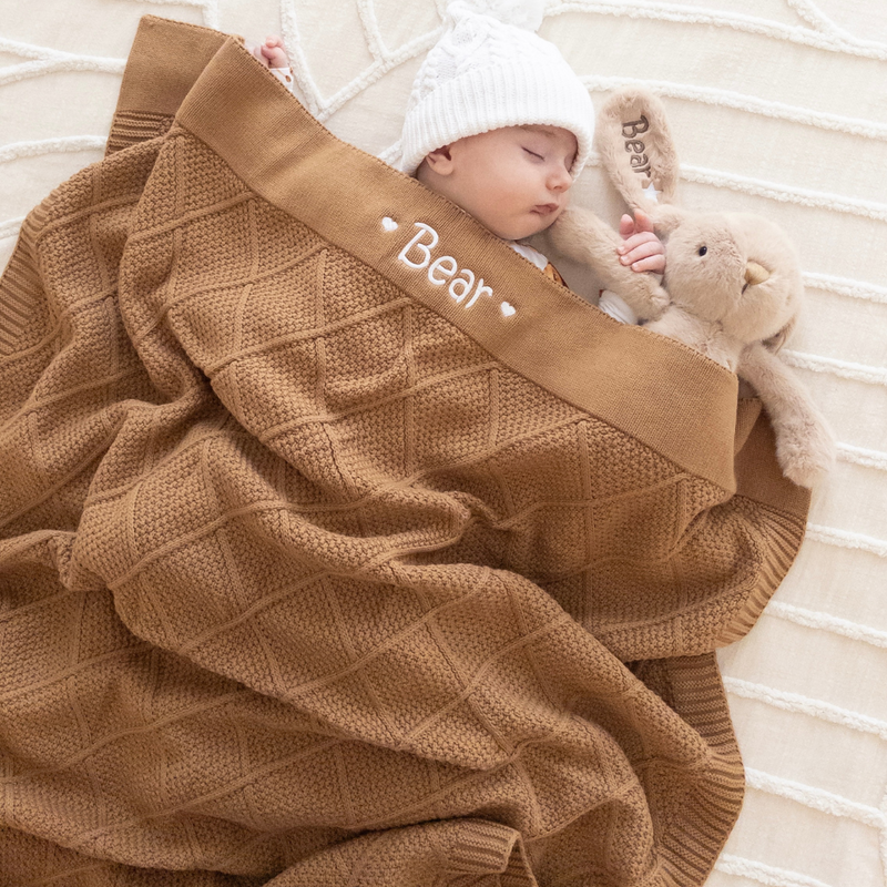 Personalised Diamond Knit Baby Blanket - Biscuit