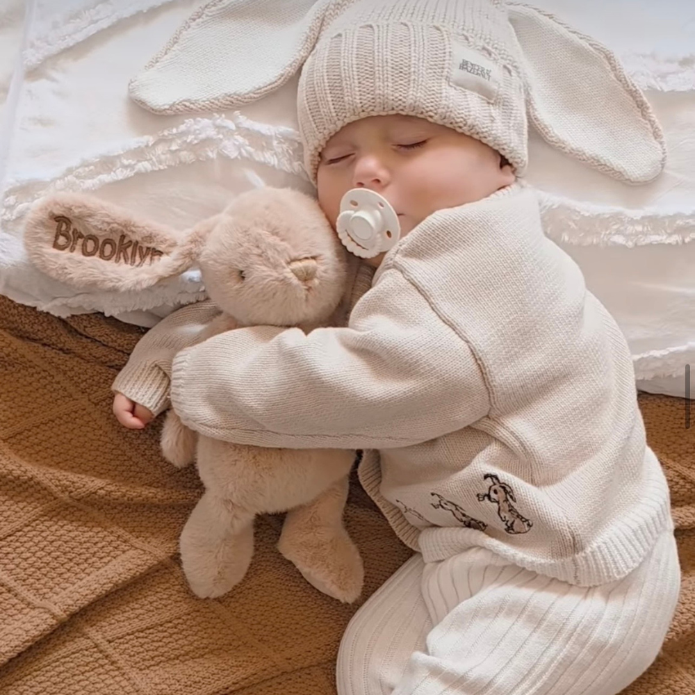 Personalised Diamond Knit Blanket & Bunny Hamper - Caramel Biscuit