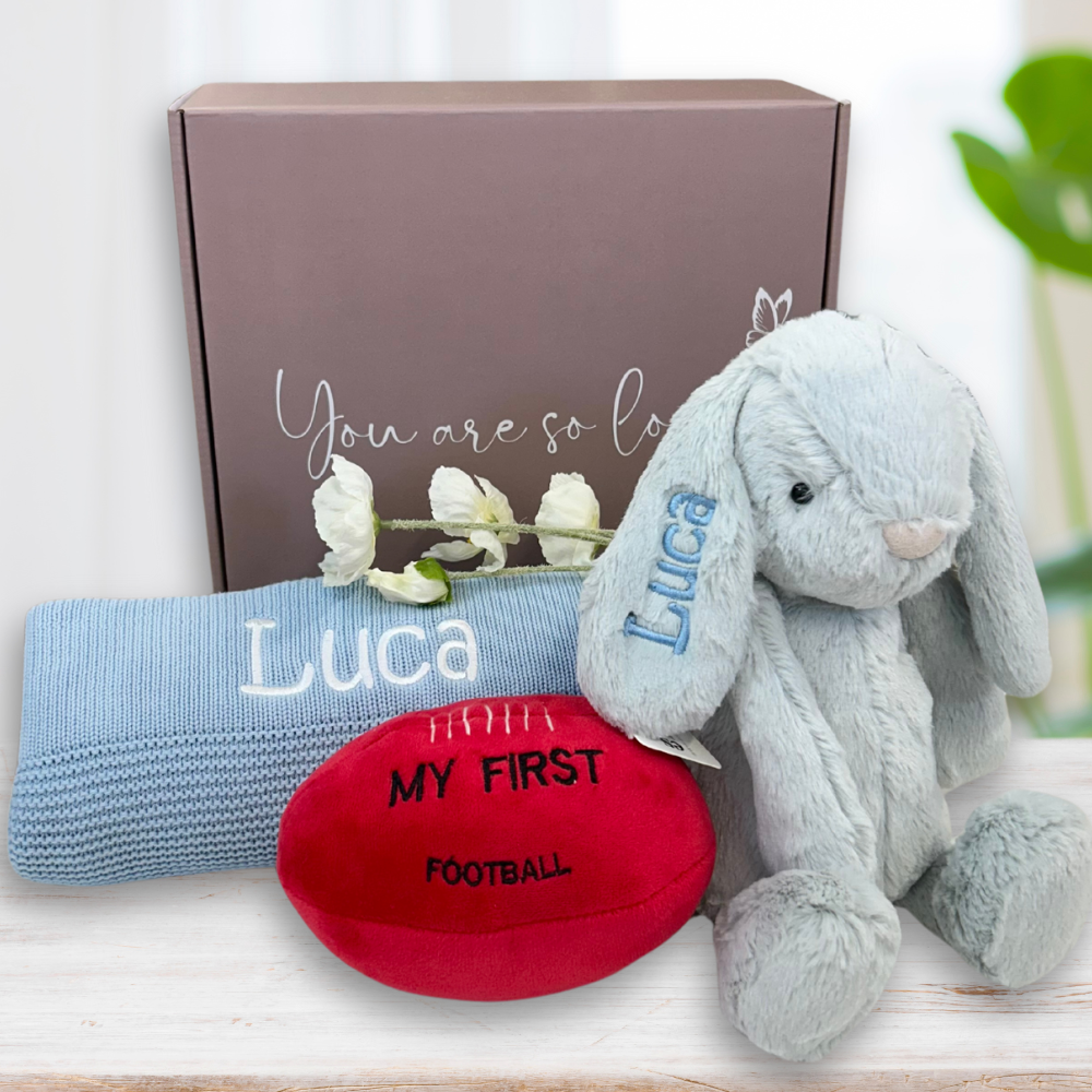 Personalised Jamie Kay Bunny, Blanket & First Football Gift Set