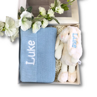 Personalised Newborn Gift Set - Small Cream Frankie Bunny & Blue Blanket