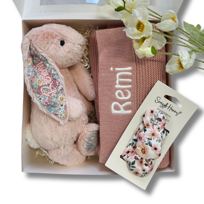 Personalised Blush Blossom Jellycat Bunny & Pink Blanket Gift Set