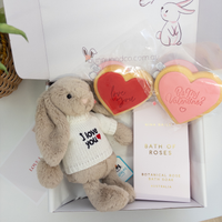Valentines Day Gift - SMALL Beige Jellycat Bunny & Bath of Roses Hamper