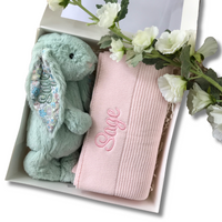 Personalised Sage Blossom Jellycat Bunny & Light Pink Blanket Gift Hamper