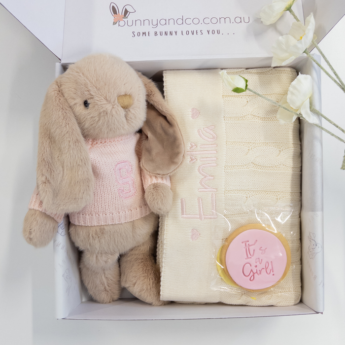 Personalised Caramel Bunny & Cream Cable Knit Blanket Baby Hamper