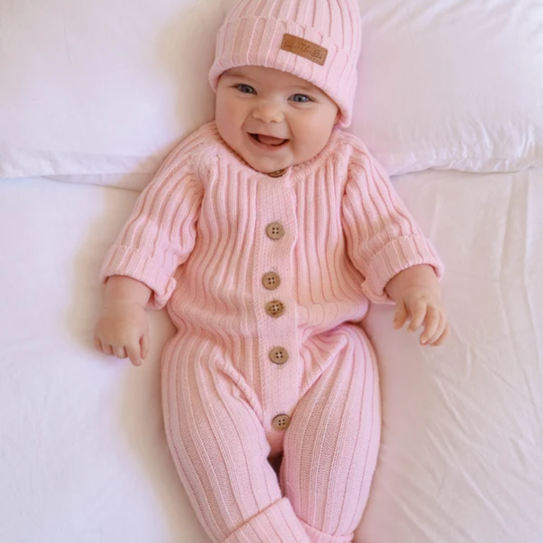 Little B's Knitted Cotton Rib Romper - Pink