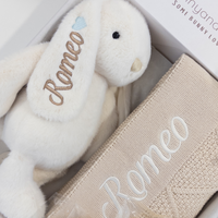 Personalised Marshmallow Bunny & Oatmeal Diamond Knit Blanket Baby Hamper