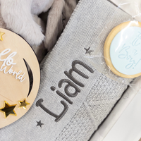 Personalised Grey Diamond Knit Blanket & Elephant Baby Hamper - Baby Boy