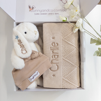 Personalised Marshmallow Bunny & Oatmeal Diamond Knit Blanket Baby Hamper