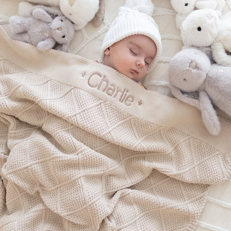 Personalised Diamond Knit Baby Blanket - Oatmeal