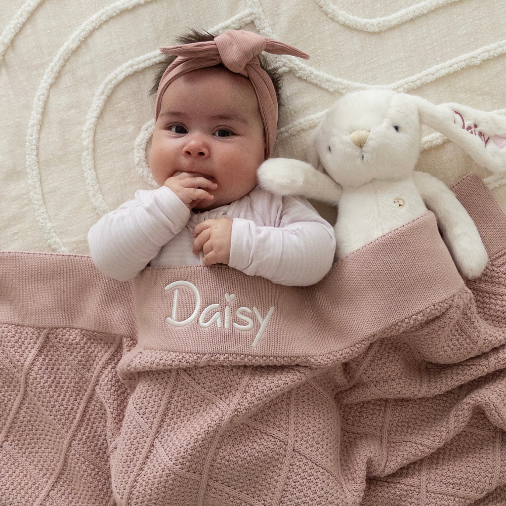 Personalised Diamond Knit Baby Blanket - Rosewater