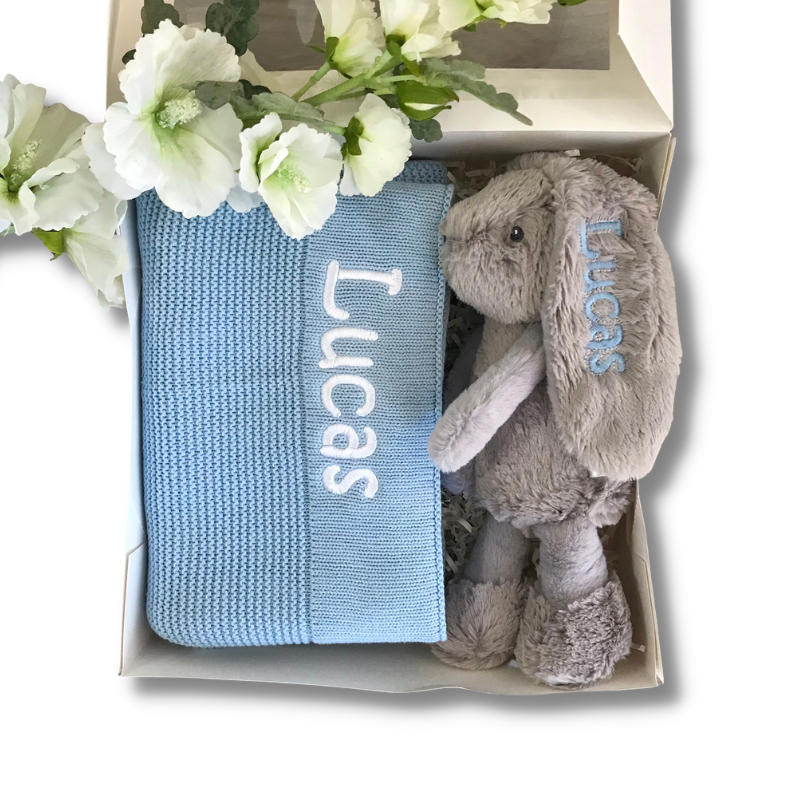 Personalised Newborn Gift Set - Small Grey Frankie Bunny & Blue Blanket