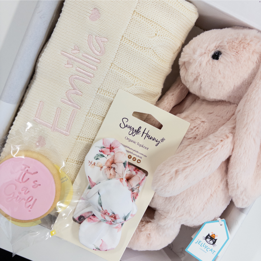 Personalised Baby Girl Blanket Gift Box - Blush Jellycat Bunny
