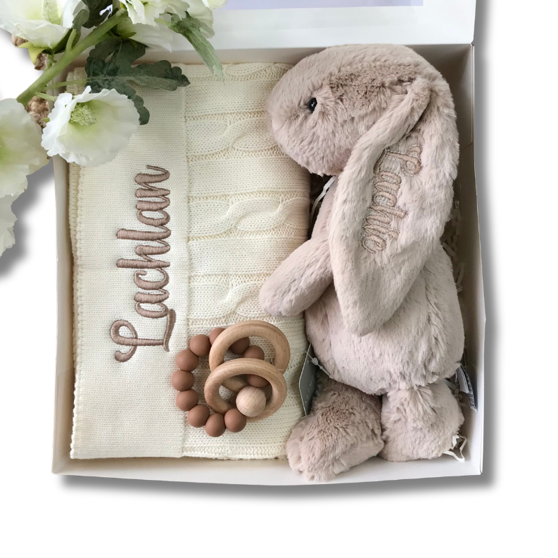 Personalised Beige Jellycat Bunny & Cream Cable Knit Blanket