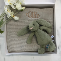 Personalised Stone Blanket & Small Jellycat Bunny Gift Hamper