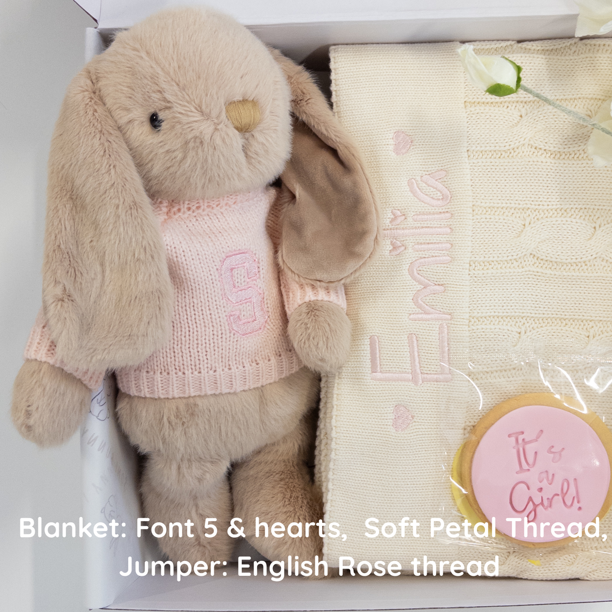 Personalised Caramel Bunny & Cream Cable Knit Blanket Baby Hamper